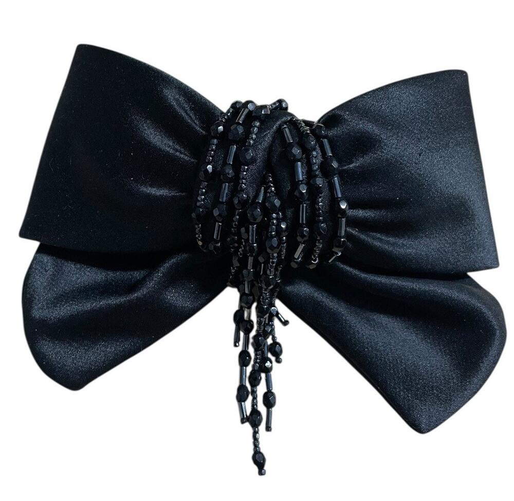 VTG Alexandre De Paris Barette Black Satin Bow Beaded Made In Italy RARE